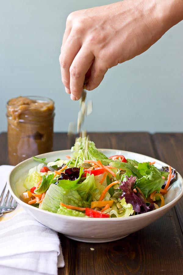 Hello. Golden Tomato Date Dressing! I love this dressing because it’s just made with tomatoes and dates…nothing else! Because of that you can enjoy more of it than you normally would a regular salad dressing since it’s naturally low fat, low calorie, and no added junk! 